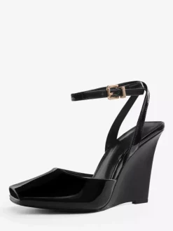Black Wedge Pumps Peep Toe Ankle Strap Wedge Shoes For Women