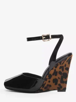 Black Wedge Pumps Peep Toe Ankle Strap Wedge Shoes For Women