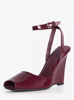 Black Wedge Pumps Peep Toe Ankle Strap Wedge Shoes For Women