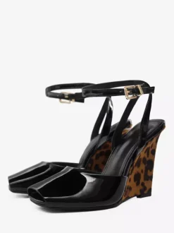Black Wedge Pumps Peep Toe Ankle Strap Wedge Shoes For Women
