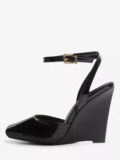 Black Wedge Pumps Peep Toe Ankle Strap Wedge Shoes For Women