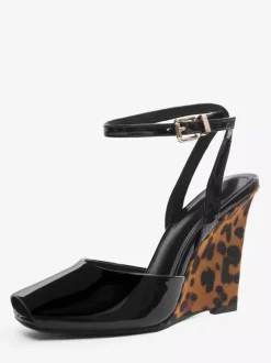 Black Wedge Pumps Peep Toe Ankle Strap Wedge Shoes For Women