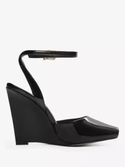 Black Wedge Pumps Peep Toe Ankle Strap Wedge Shoes For Women