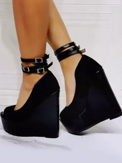 Black Wedge Sandals Peep Toe Wedge Heel Micro Suede Upper Ankle Strap Heel Sandals