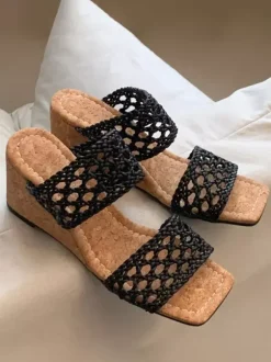 Black Wedge Sandals Women's Open Toe Cut Out Sandal Shoes