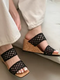 Black Wedge Sandals Women's Open Toe Cut Out Sandal Shoes