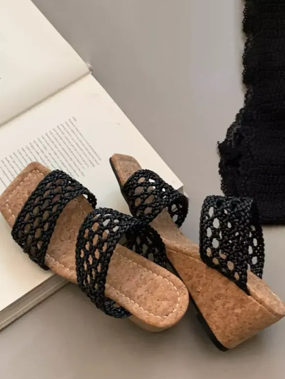Black Wedge Sandals Women's Open Toe Cut Out Sandal Shoes