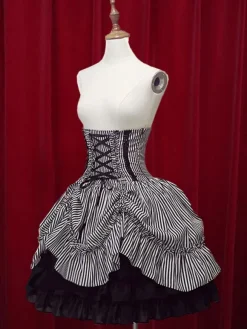 Black White Stripe High Waist Lolita Skirt Cotton Lace Up