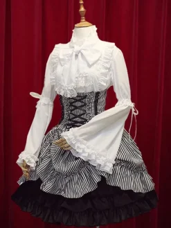 Black White Stripe High Waist Lolita Skirt Cotton Lace Up