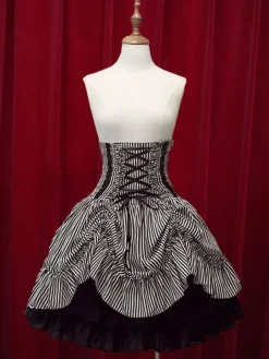 Black White Stripe High Waist Lolita Skirt Cotton Lace Up