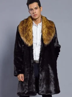 Black Winter Coat Men Faux Fur Coat Turndown Collar Long Sleeve Overcoat