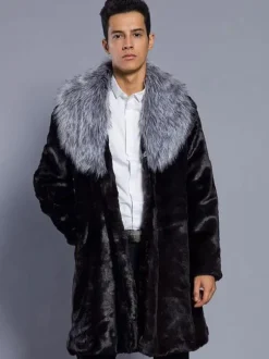 Black Winter Coat Men Faux Fur Coat Turndown Collar Long Sleeve Overcoat