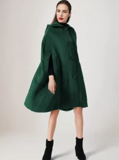 Black Woolen Cape Coat With Hood Oversized Poncho Winter Outerwear For Women 2026