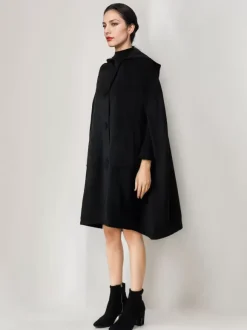 Black Woolen Cape Coat With Hood Oversized Poncho Winter Outerwear For Women 2026