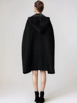Black Woolen Cape Coat With Hood Oversized Poncho Winter Outerwear For Women 2026