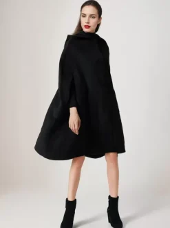 Black Woolen Cape Coat With Hood Oversized Poncho Winter Outerwear For Women 2026