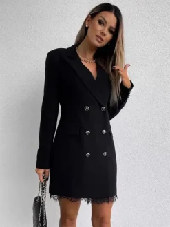 Blazer Dress Double Breasted Solid Color Lace Hem Relaxed Fit Casual Spring Fall Outerwear For Women