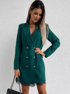 Blazer Dress Double Breasted Solid Color Lace Hem Relaxed Fit Casual Spring Fall Outerwear For Women
