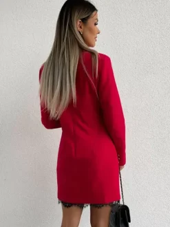 Blazer Dress Double Breasted Solid Color Lace Hem Relaxed Fit Casual Spring Fall Outerwear For Women