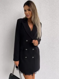 Blazer Dress Double Breasted Solid Color Lace Hem Relaxed Fit Casual Spring Fall Outerwear For Women