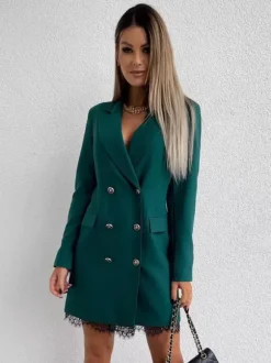 Blazer Dress Double Breasted Solid Color Lace Hem Relaxed Fit Casual Spring Fall Outerwear For Women
