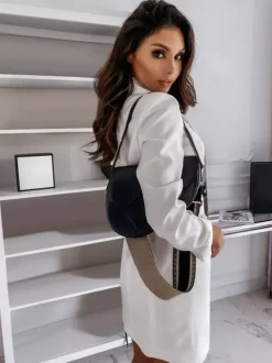 Blazer Dress White Double Breasted Solid Color Slim Fit Casual Belt Spring Fall Outerwear For Women