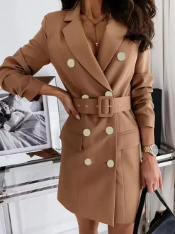 Blazer Dress White Double Breasted Solid Color Slim Fit Casual Belt Spring Fall Outerwear For Women
