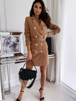 Blazer Dress White Double Breasted Solid Color Slim Fit Casual Belt Spring Fall Outerwear For Women