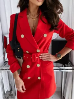 Blazer Dress White Double Breasted Solid Color Slim Fit Casual Belt Spring Fall Outerwear For Women