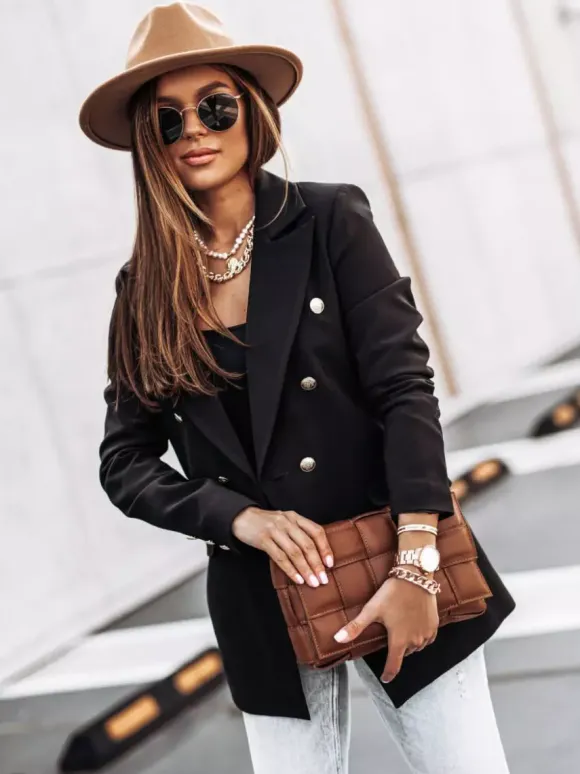 Blazer Jacket White Solid Color Turndown Collar Double Breasted Slim Fit Spring Fall Chic Street Outerwear For Women