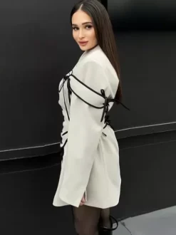 Blazer Dresses Turndown Collar Two-Tone Lace Up Long Sleeves Chic Women's Clothing Mini Dresses