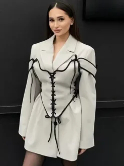 Blazer Dresses Turndown Collar Two-Tone Lace Up Long Sleeves Chic Women's Clothing Mini Dresses