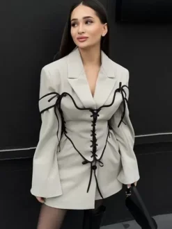 Blazer Dresses Turndown Collar Two-Tone Lace Up Long Sleeves Chic Women's Clothing Mini Dresses