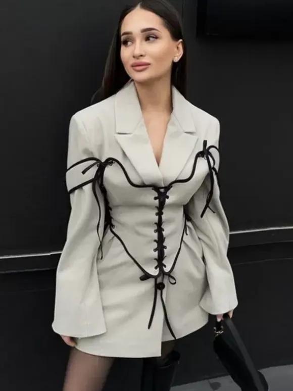 Blazer Dresses Turndown Collar Two-Tone Lace Up Long Sleeves Chic Women's Clothing Mini Dresses