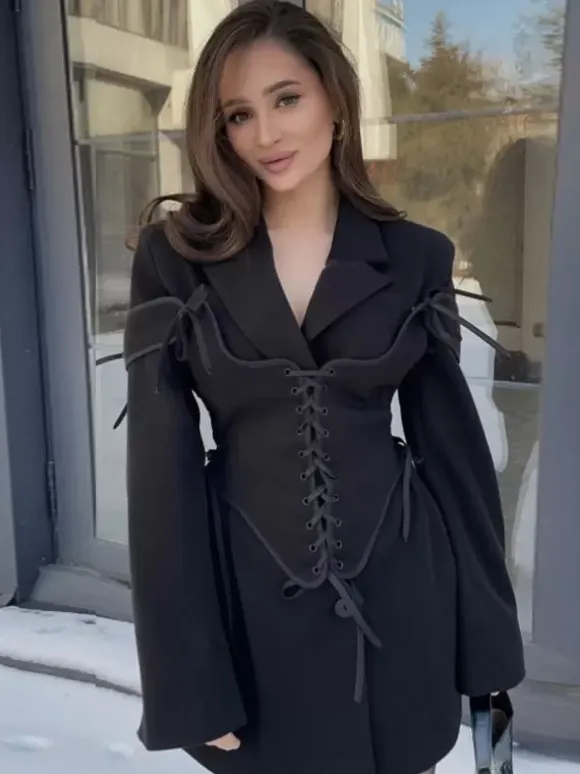 Blazer Dresses Turndown Collar Two-Tone Lace Up Long Sleeves Chic Women's Clothing Mini Dresses