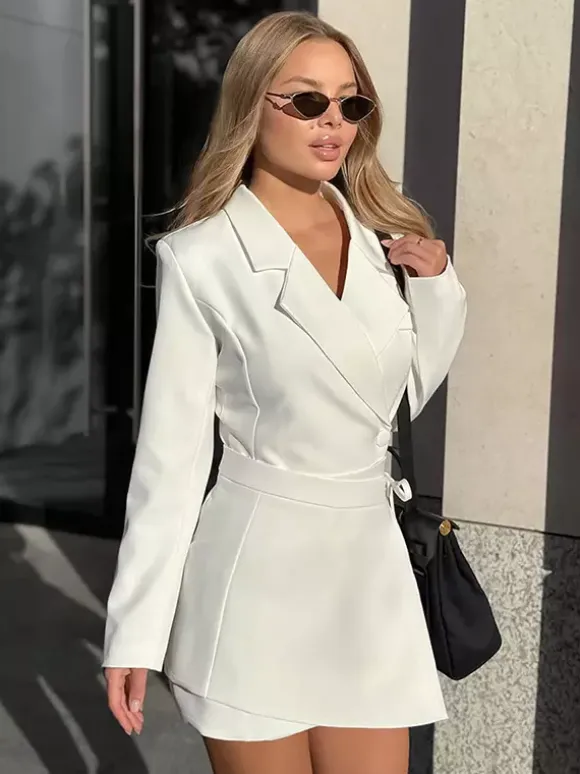 Blazer Dress For Women's Elegant Mini Dress - Wrap Tie Waist Notch Lapel Slim Fit - Spring Office Wear 2026