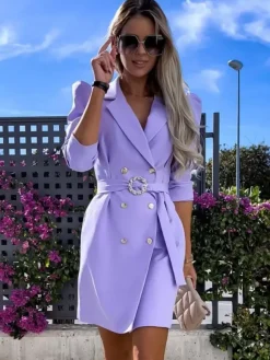 Blazer Dress White Belt Double Breasted Solid Color Slim Fit Casual Stylish Spring Fall Outerwear For Women