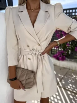 Blazer Dress White Belt Double Breasted Solid Color Slim Fit Casual Stylish Spring Fall Outerwear For Women