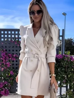 Blazer Dress White Belt Double Breasted Solid Color Slim Fit Casual Stylish Spring Fall Outerwear For Women
