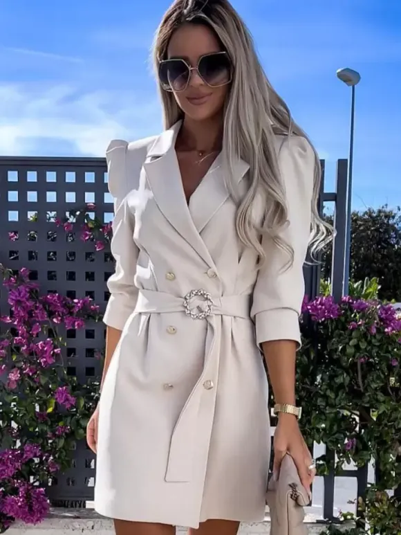 Blazer Dress White Belt Double Breasted Solid Color Slim Fit Casual Stylish Spring Fall Outerwear For Women