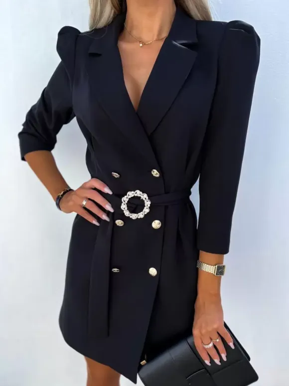 Blazer Dress White Belt Double Breasted Solid Color Slim Fit Casual Stylish Spring Fall Outerwear For Women