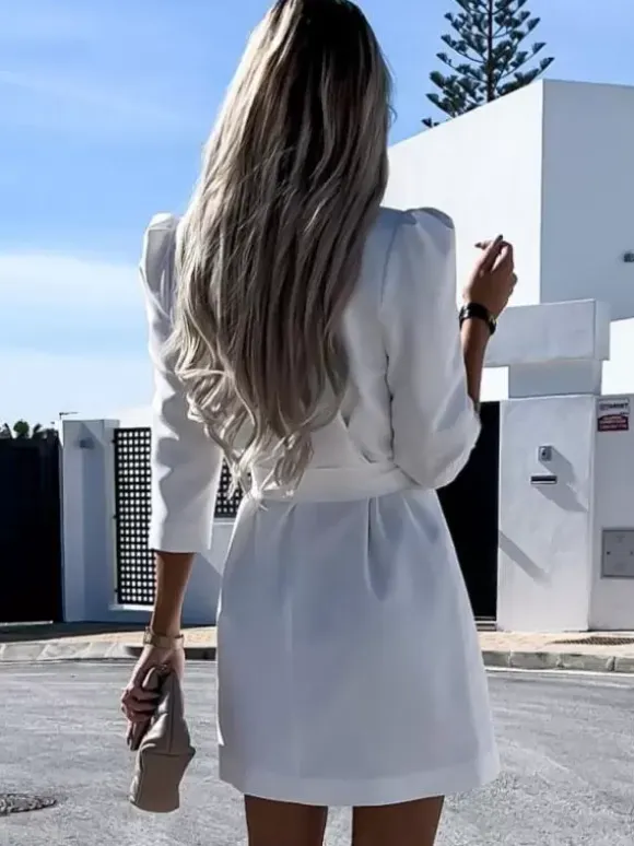 Blazer Dress White Belt Double Breasted Solid Color Slim Fit Casual Stylish Spring Fall Outerwear For Women