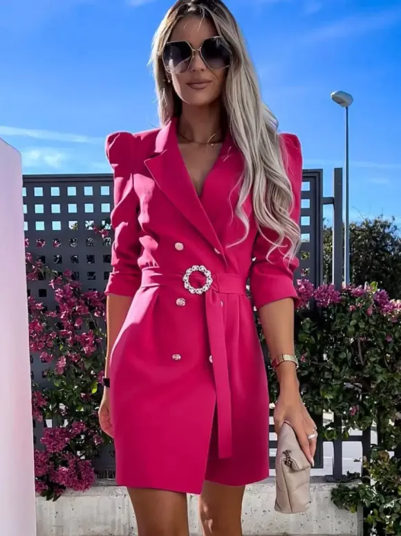 Blazer Dress White Belt Double Breasted Solid Color Slim Fit Casual Stylish Spring Fall Outerwear For Women