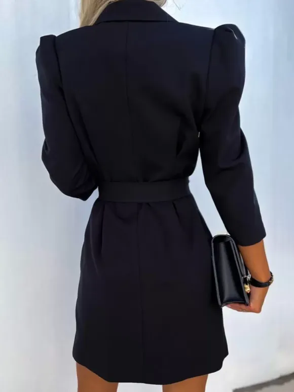 Blazer Dress White Belt Double Breasted Solid Color Slim Fit Casual Stylish Spring Fall Outerwear For Women
