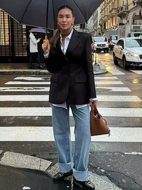 Blazer For Women Chic Turndown Collar Buttons Long Sleeves Suits