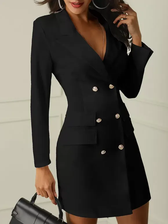 Blazer Wrap Dresses Women Office Double Breasted Long Sleeve Tuxedo Wrap Dresseses