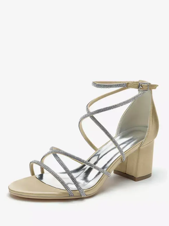 Blcok Heel Wedding Shoes Open Toe Rhinestones Strappy Bridal Shoes