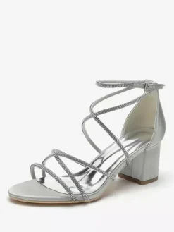 Blcok Heel Wedding Shoes Open Toe Rhinestones Strappy Bridal Shoes
