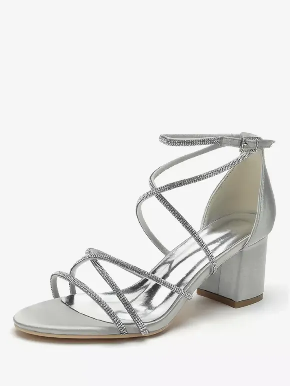 Blcok Heel Wedding Shoes Open Toe Rhinestones Strappy Bridal Shoes