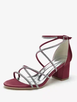 Blcok Heel Wedding Shoes Open Toe Rhinestones Strappy Bridal Shoes